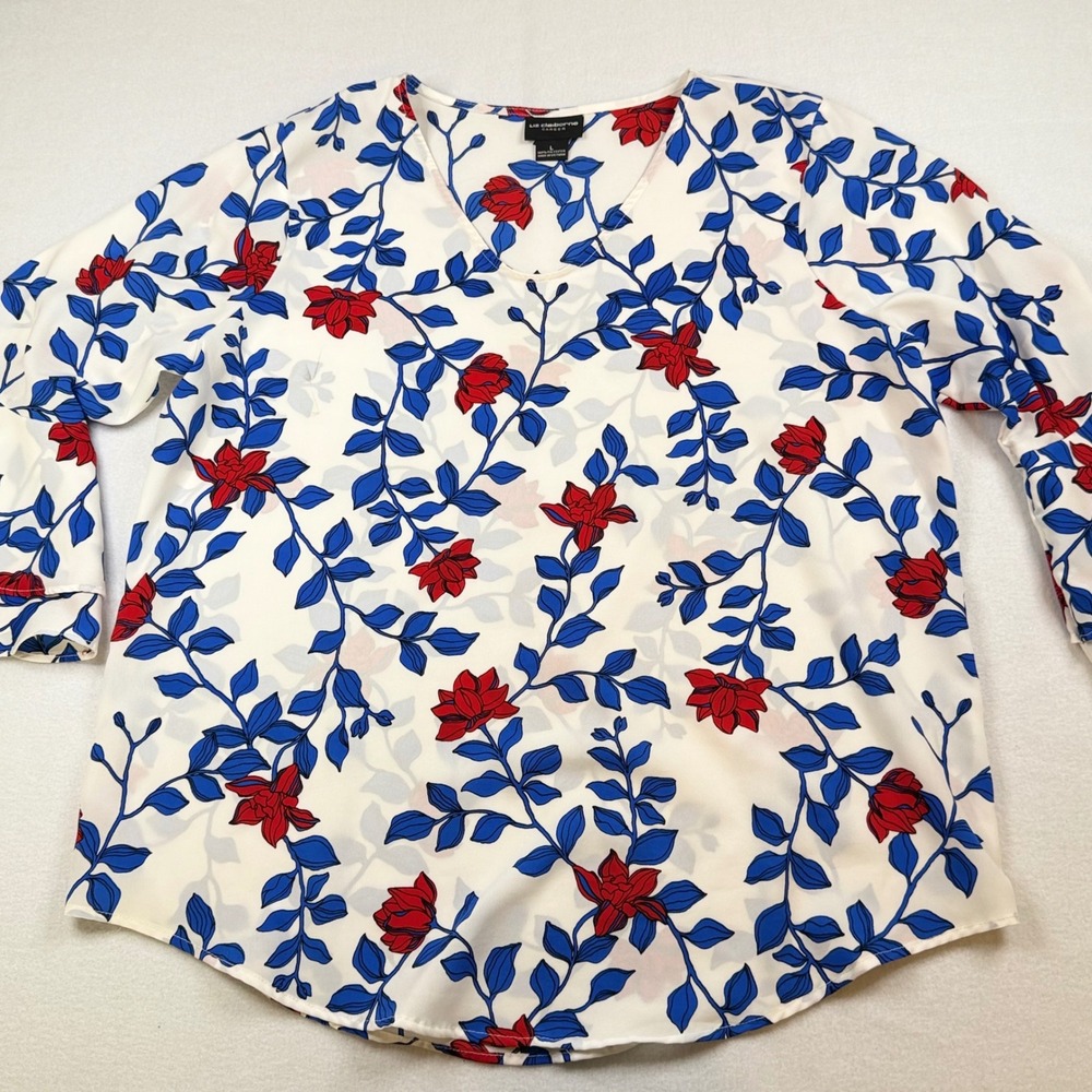 Liz Claiborne Career Floral V-Neck Blouse White Blue Red Tiered Bell Sleeve L